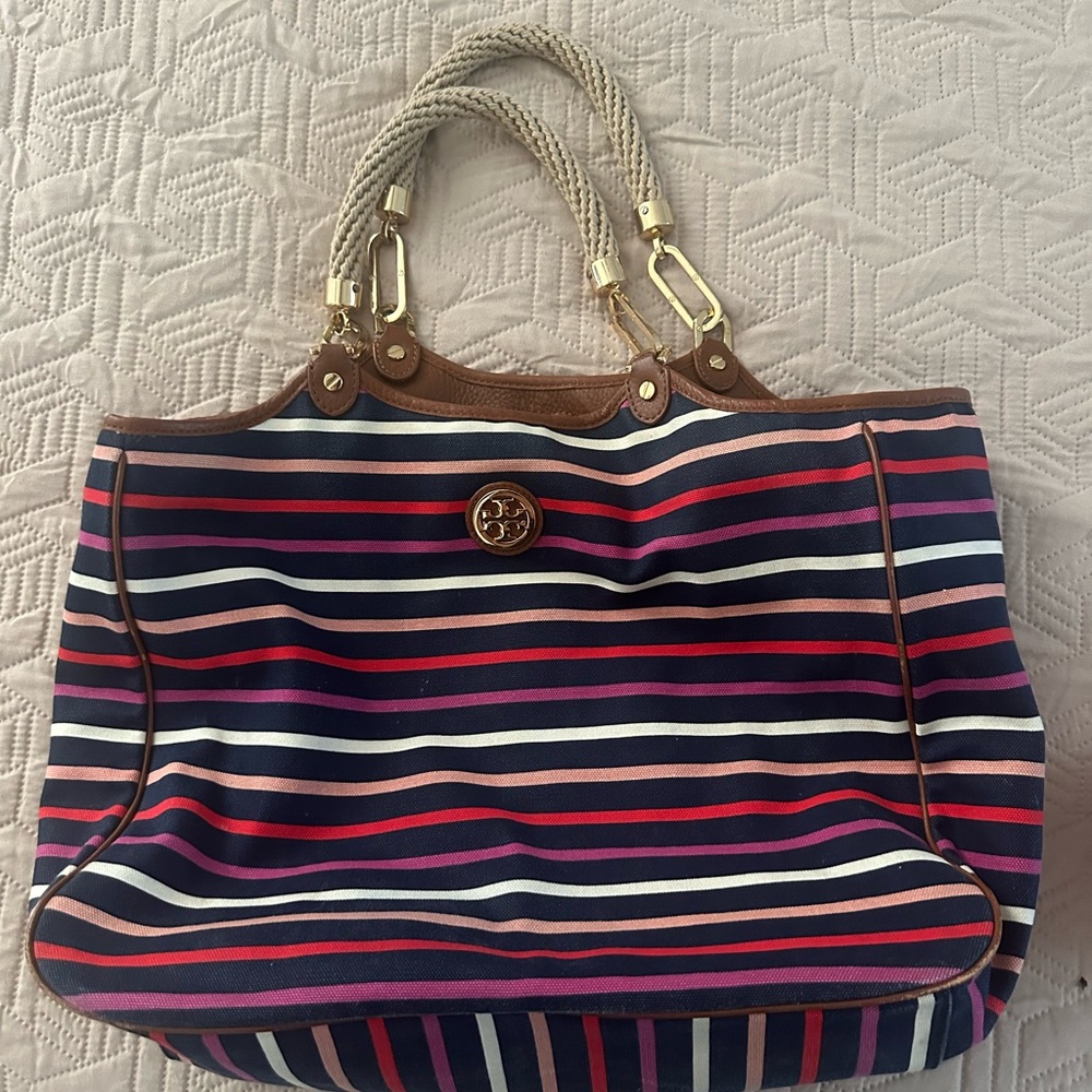 Tory Burch Navy and Pink Striped Tote